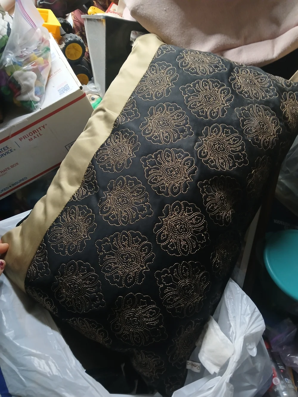 Reba Bolero boudoir throw pillow Black pleated center Gold Ornate Border